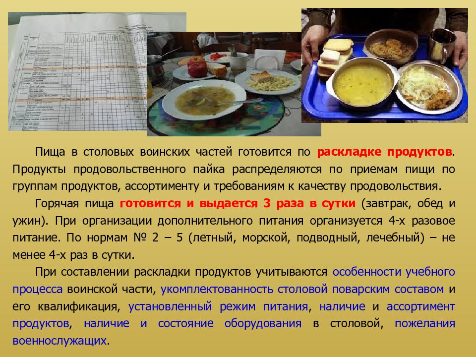 Пищи не предусматривает наличие горячего напитка. Раскладка продуктов питания в столовой воинской части. Режим питания военнослужащих. Нормы раздачи пищи в столовой. Ассортимент продовольствия воинской части.