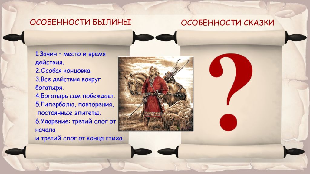 Роль эпитета в былинах особенно велика. Особенности былин. Признаки былины. Художественное своеобразие былин. Музыкальная характеристика былины.