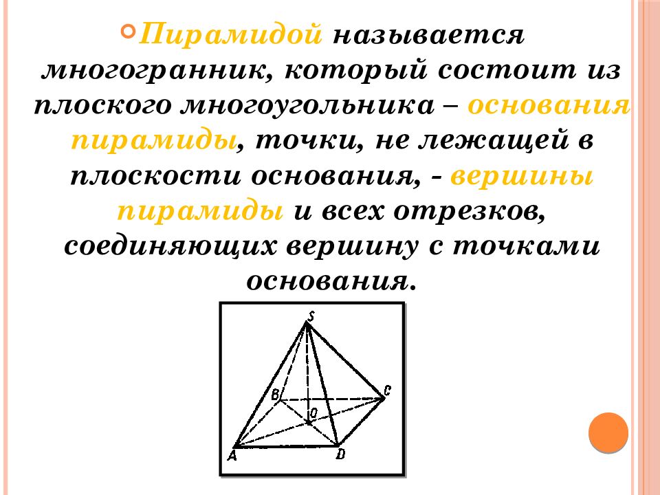 Точка не лежащая в плоскости основания пирамиды