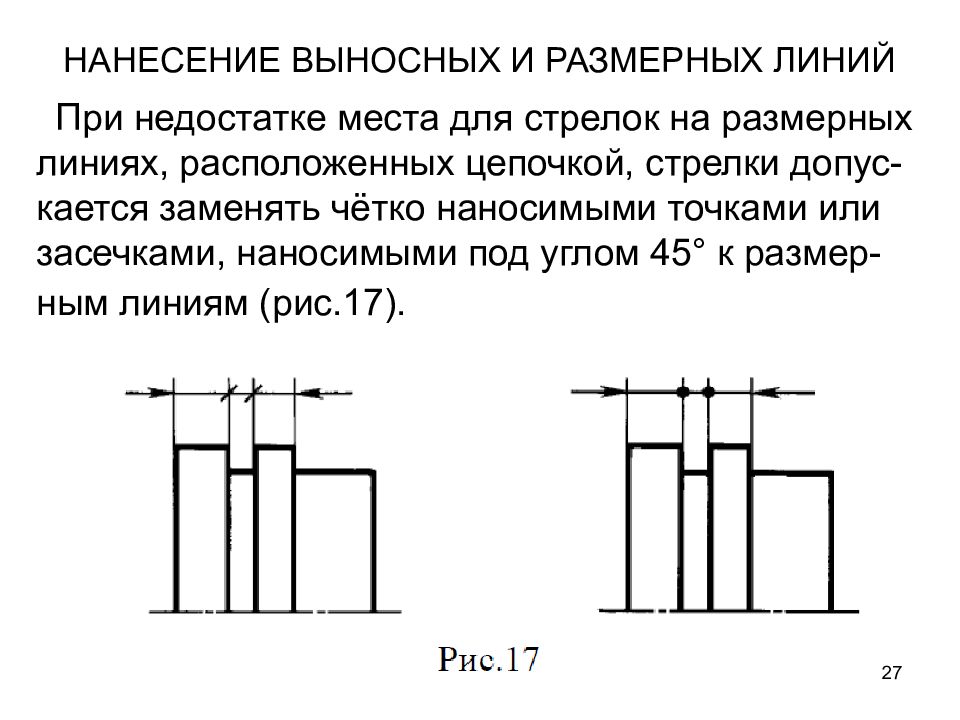 Укажите ограничители размеров на чертежах точки засечки стрелки тире