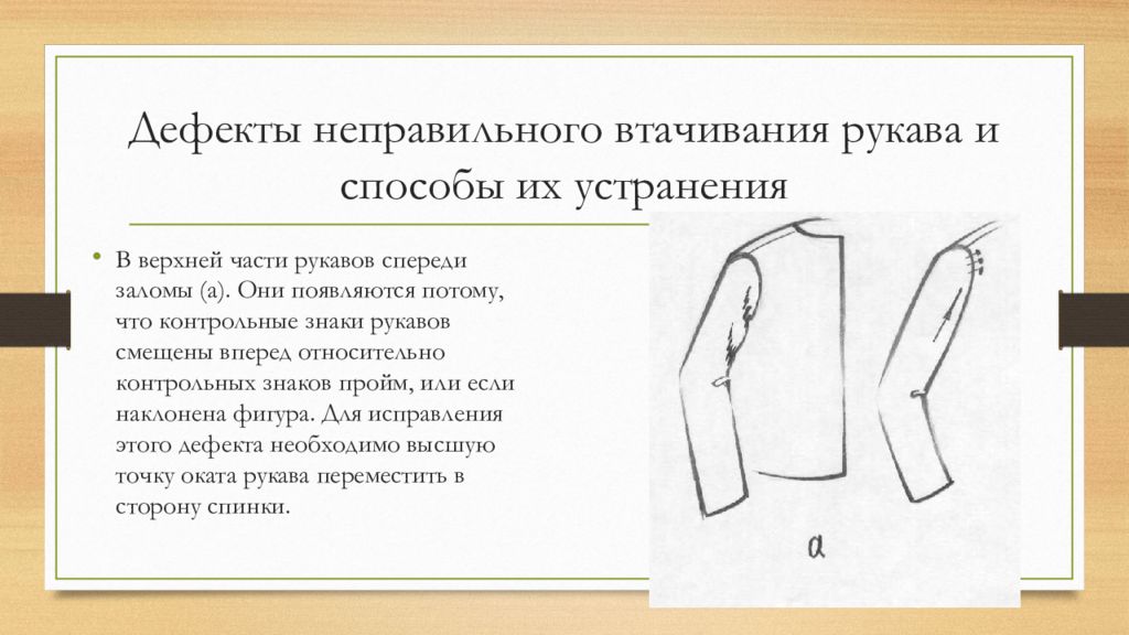 Неправильный способ. Дефекты рукава заломы сзади. Обработка втачивания рукава в пройму. Дефекты посадки рукава складки спереди. Заломы на рукаве спереди причина.