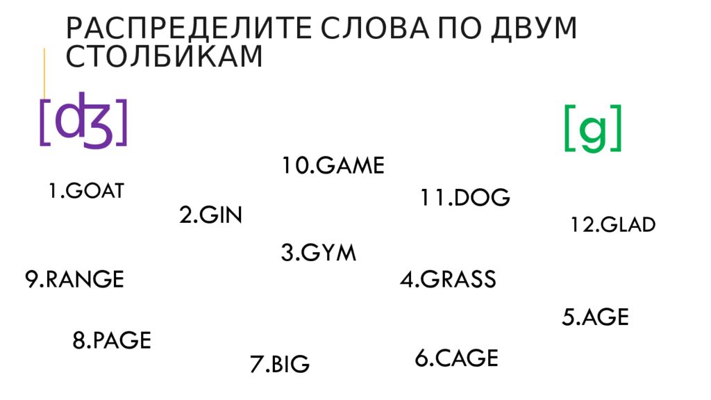 Распределите слова по двум столбикам