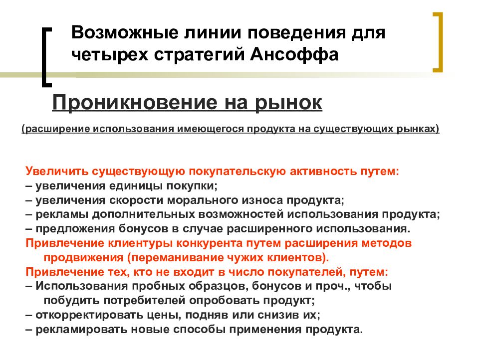 Увеличение существующий. Возможные линии поведения для четырех стратегий Ансоффа. Покупательские стратегии. Поведенческие линии. Маркетинг в сфере культуры.