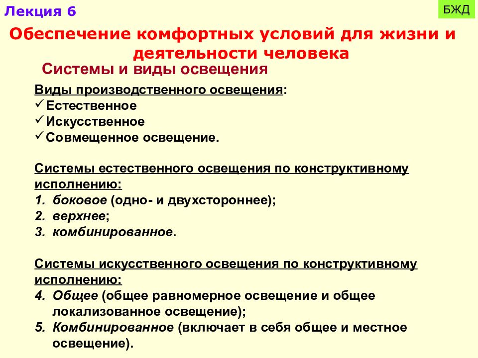 Обеспечение комфортных. Виды освещения БЖД. Виды искусственного освещения БЖД. Искусственное освещение это БЖД. Обеспечение комфортных условий жизнедеятельности человека.