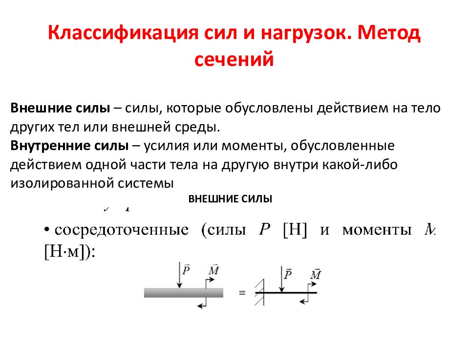 Классификация сил и нагрузок. Метод сечений