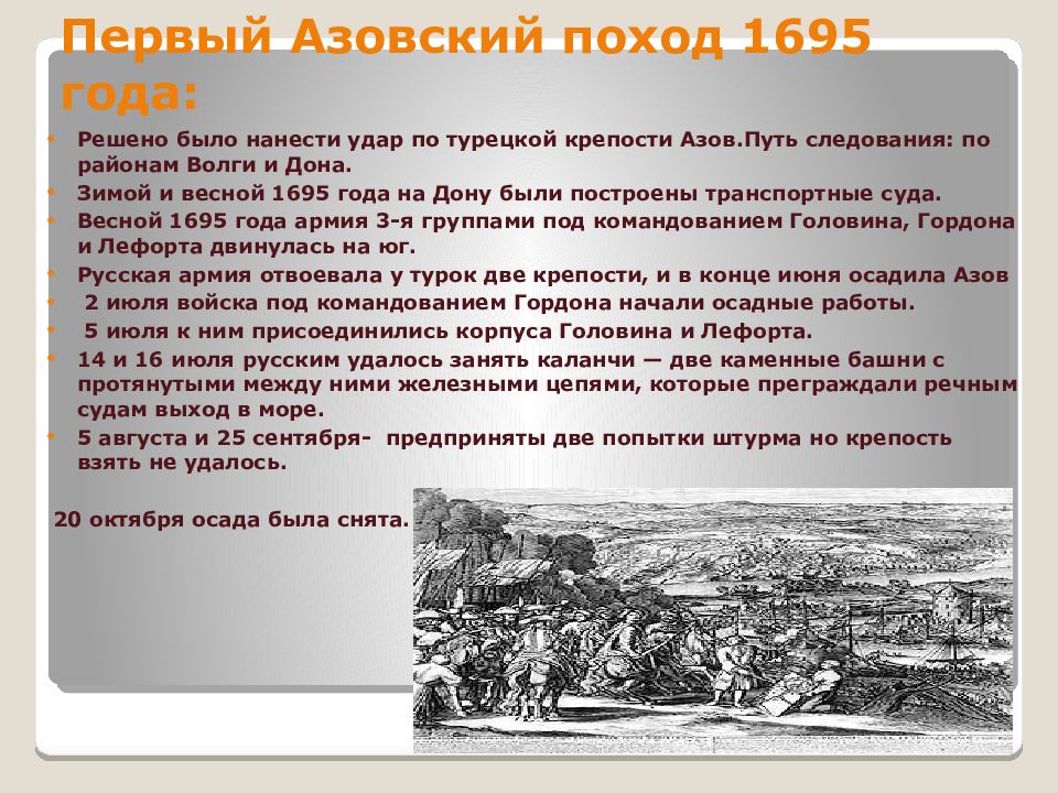 Первый азовский поход. Первый Азовский поход 1695 года. Итоги азовских походов. Осада Азова Петром 1. Итоги первого Азовского похода.