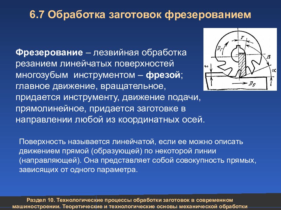 6.7 Обработка заготовок фрезерованием Фрезерование – лезвийная обработка