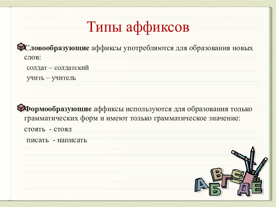 Слово образующее морфемы. Грамматическое значение аффиксов. Виды аффиксов по положению в слове. Уникальные аффиксы. Значение аффикса за.