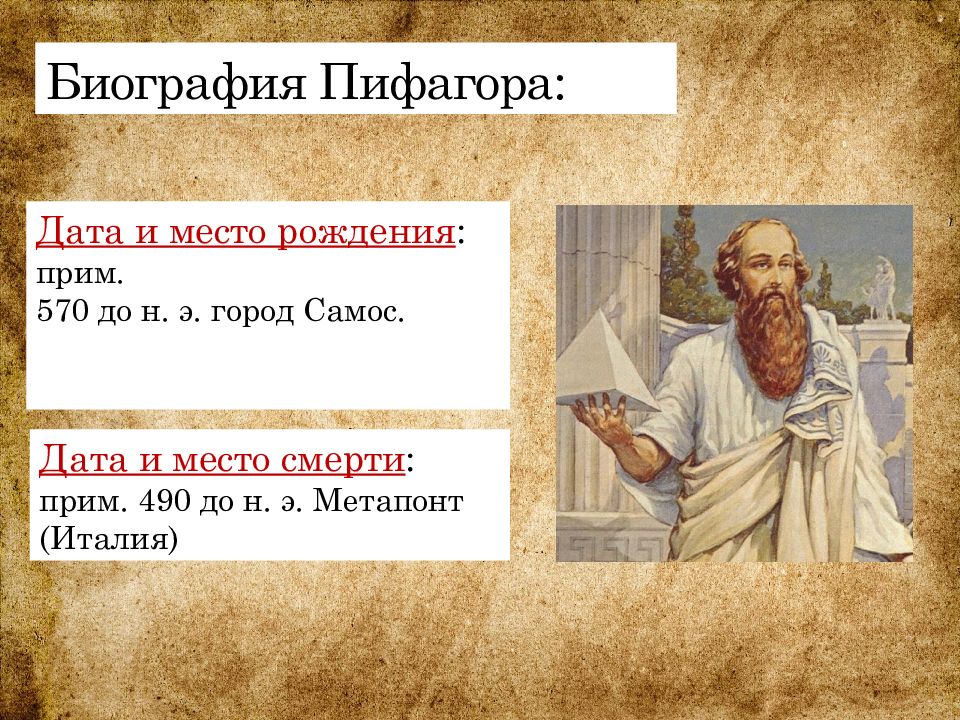 Пифагор презентация. Пифагор (vi в. до н.э.). Пифагор годы жизни и смерти. Пифагор даты жизни. Пифагор биография.