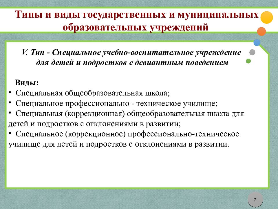 Содержание начального образования. Типы государственных и муниципальных образовательных учреждений. Типы и виды государственных образовательных учреждений. Типы специальных образовательных учреждений. Типы спец учреждений образования.