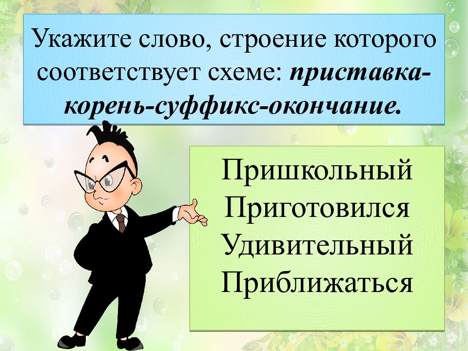 Укажите слово, строение которого соответствует схеме: приставка-корень-суффикс-окончание.