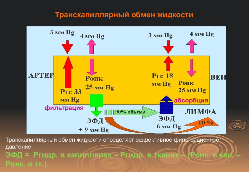 Обмен механизм обмена. Механизм транскапиллярного обмена физиология. Фильтрационно-абсорбционный механизм. Формула фильтрационного давления Старлинга. Транскапиллярная фильтрация и факторы влияющие на нее.