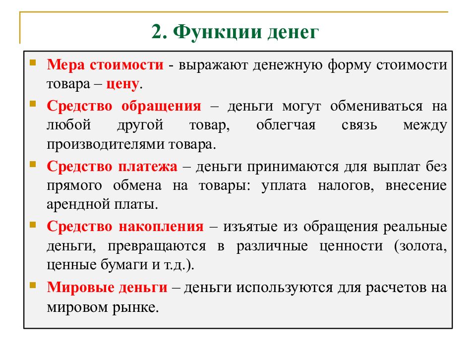 Схема деньги и их функции 7 класс обществознание