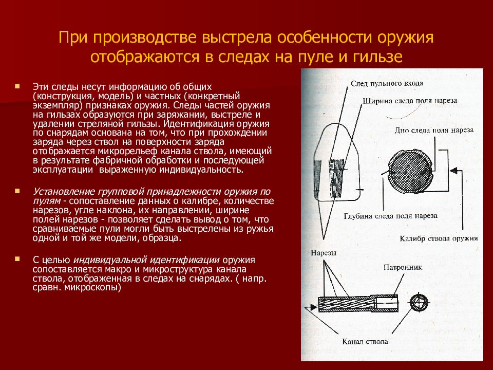 Баллистика криминалистика. Элементы производства выстрела. Особенности выстрела. Следы на пуле. Криминалистическая баллистика презентация.