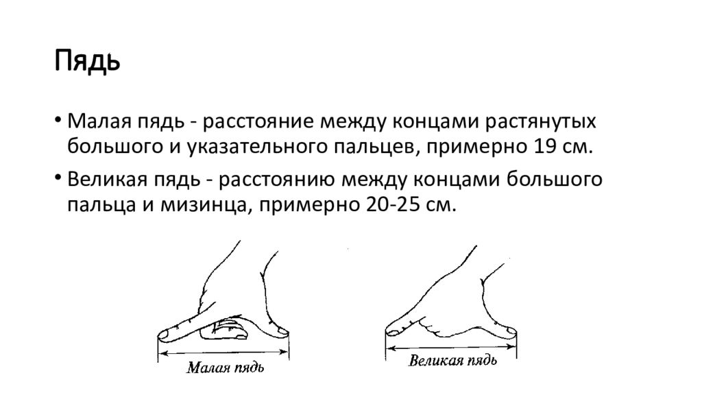 Между концами. Пядь. Малая пядь. Пядь в см. 1 Пядь в см.