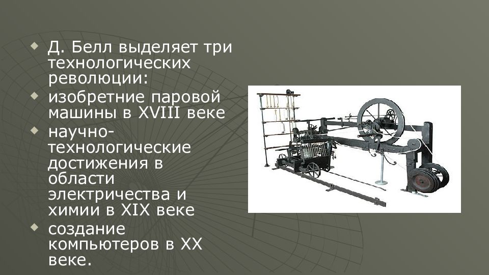 История 11 презентация. Д.Белл  выделяет три технологических революции:. Достижения в области электричества в XIX веке. Технологические достижения 20 века. Технологические машины 19 века.