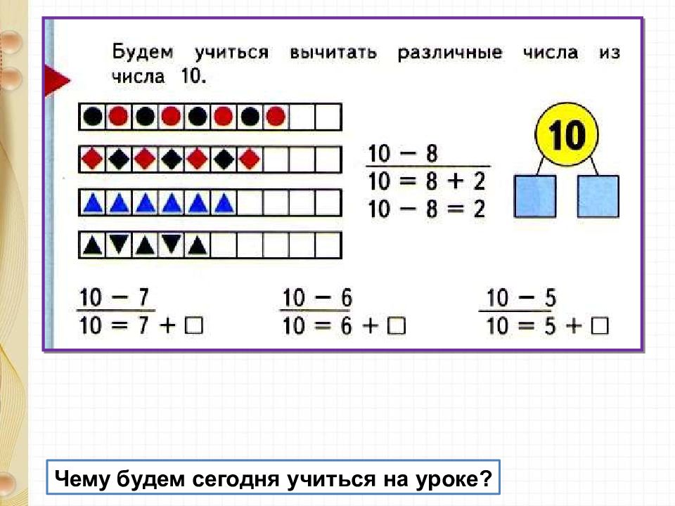 Вычесть 10 из числа. Вычитание из числа 10. Вычитаем из 10 1 класс. Вычитание из числа 10 задачи. Вычитание из 10 1 класс.