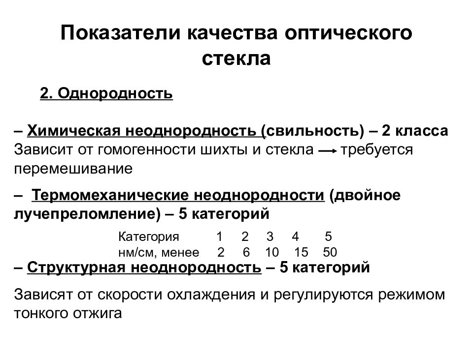 Показатели стекла. Показатели качества оптического стекла. Химическая неоднородность. Технология оптического стекла. Оптическая однородность.