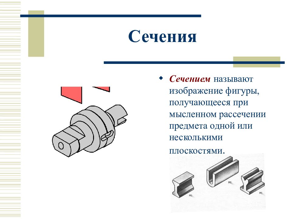 Изображение получено мысленным рассечением предмета плоскостью. Что называется сечением. Сечением называется изображение. Какие изображения называются сечениями. Название сечений.