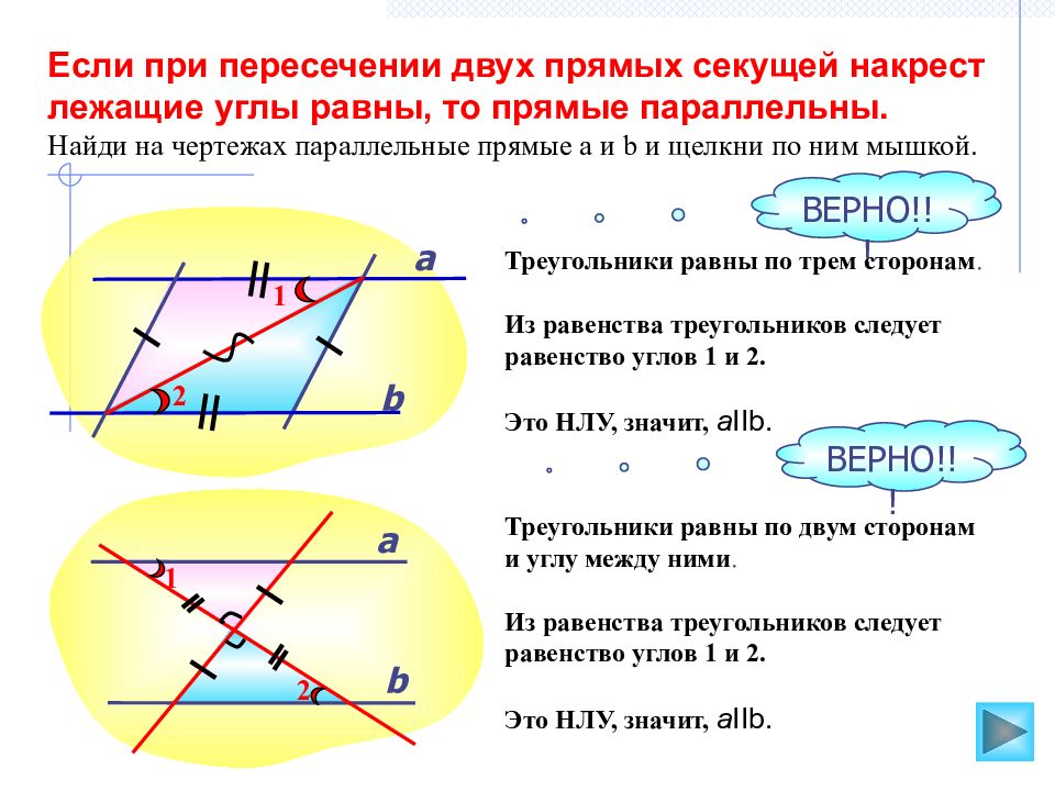 Стороны угла а пересечены. При пересечении накрест лежащие углы равны. Параллельные прямые и две секущие пересекающиеся. Углы при параллельных прямых и секущей. Углы между параллельными прямыми и секущей.