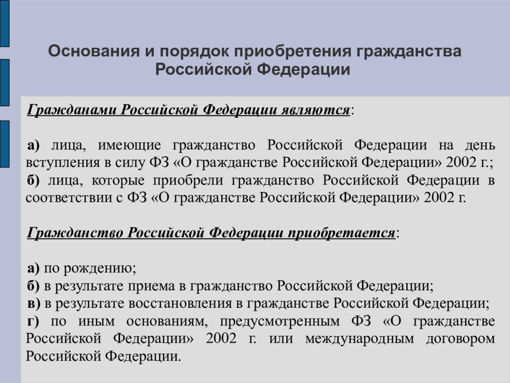 Порядок приобретения и прекращения гражданства в рф презентация