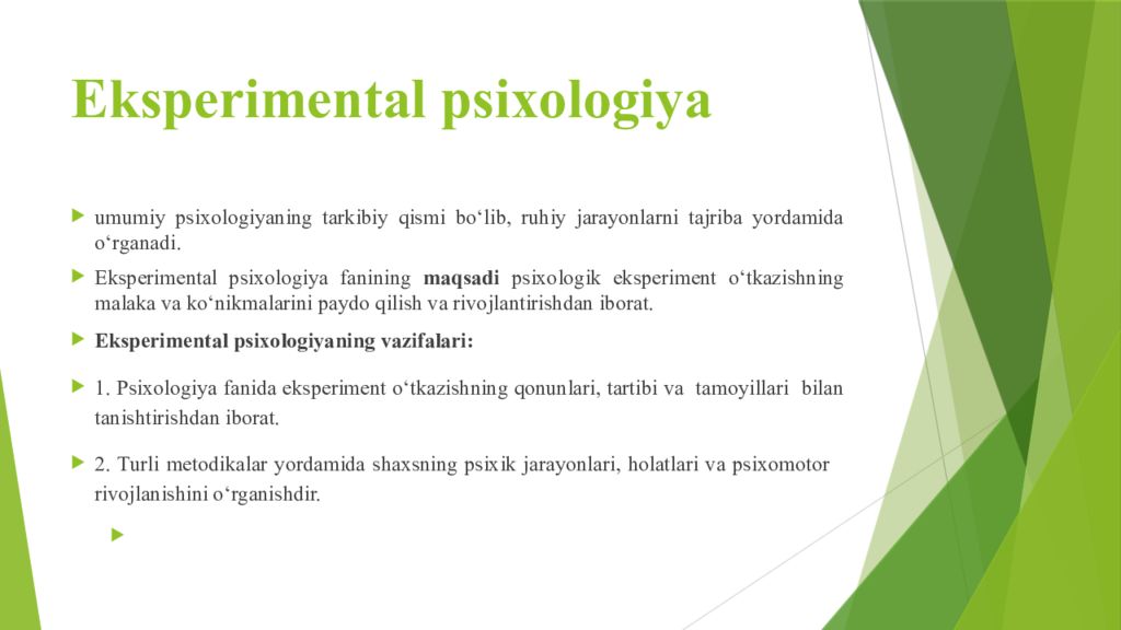 PSIXODIAGNOSTIKA VA EKSPERIMENTAL PSIXOLOGIYA FANIGA KIRISH Eksperimental psixologiya
