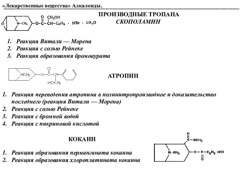 Производные вещества. Скополамин реакция Витали Морена. Скополамина гидробромид реакция Витали Морена. Производные тропана атропин. Производные тропана: атропина сульфат..