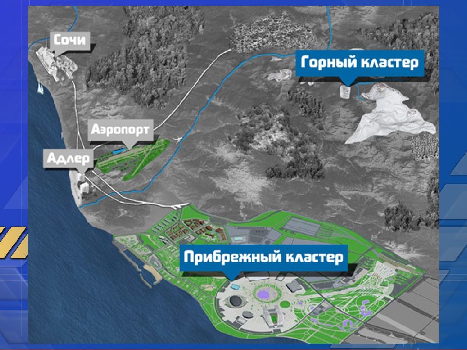 Карта расположения объектов. Олимпийские объекты в Сочи Прибрежный кластер. Олимпийские объекты в Сочи на карте. Карта Олимпийских объектов Сочи горный кластер. Олимпийские сооружения в Сочи карта.