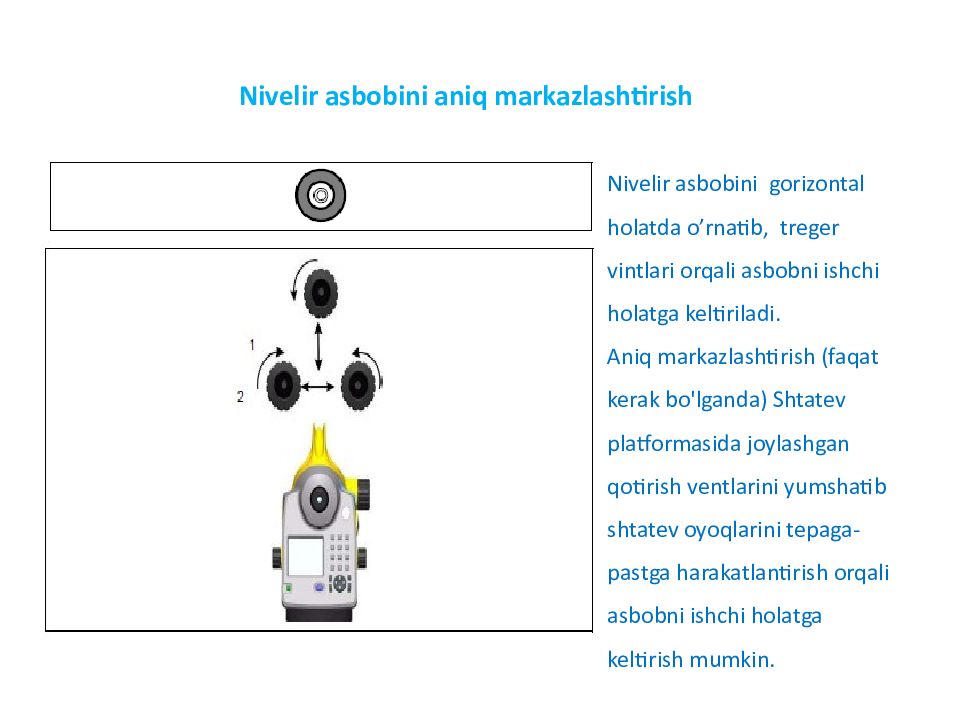 Mavzu:DiNi raqamli niveliri Nivelir asbobini aniq markazlashtirish