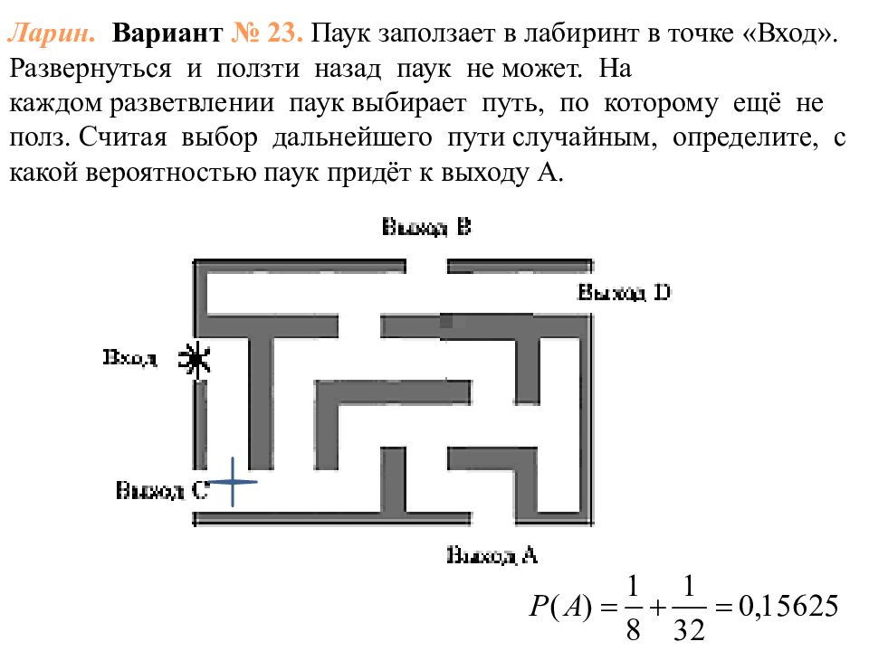 На рисунке лабиринт паук заползает в лабиринт в точке вход