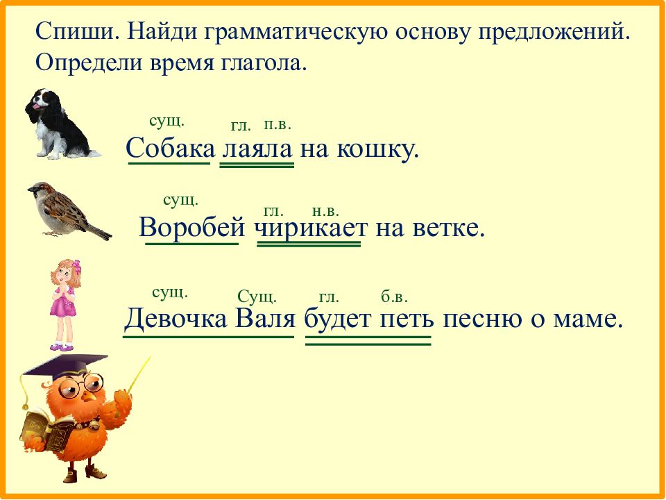 Найти грамматическую. Время глагола списать. Петь время глагола. Чирикает Воробей русский язык 2 класс. Воробей чирикает предложение.