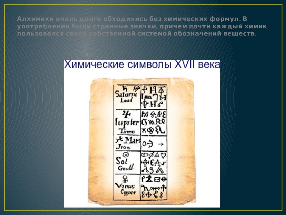 Алхимики очень долго обходились без химических формул. В употреблении были странные значки, причем почти каждый химик пользовался своей собственной системой