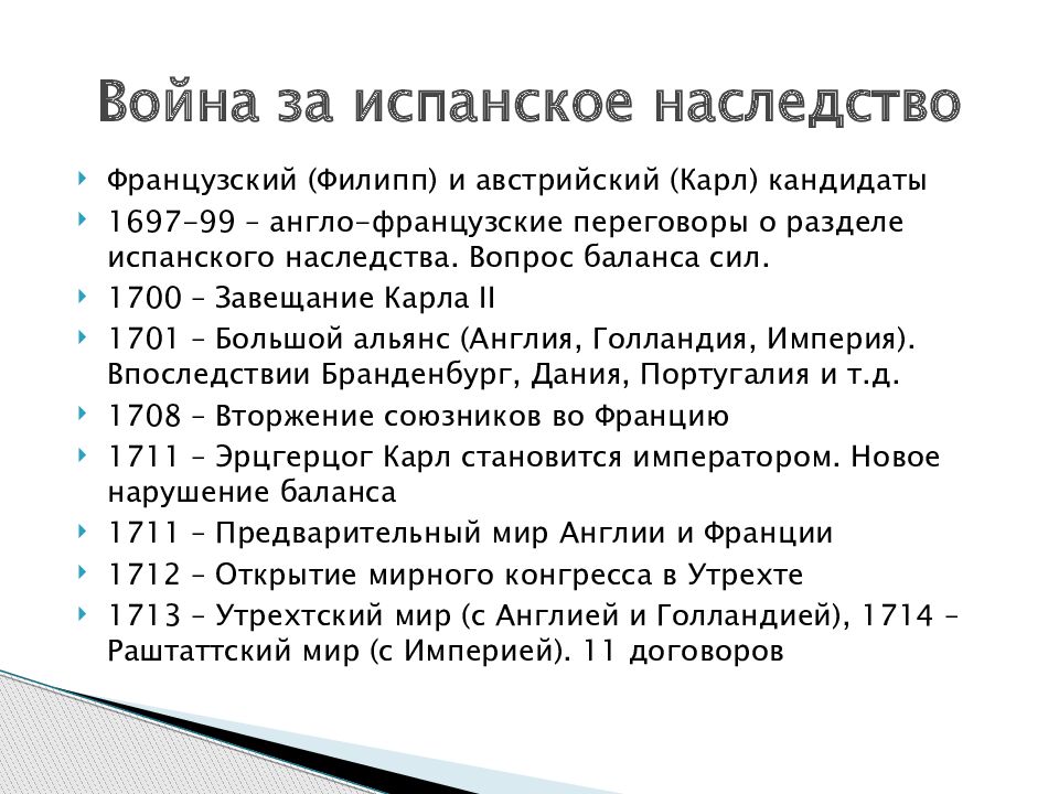 Конспект по истории международные отношения. Война за испанское наследство 1701-1714. Ход войны за испанское наследство 1701-1714. Итоги войны за испанское наследство 1701-1714. 1701-1714.