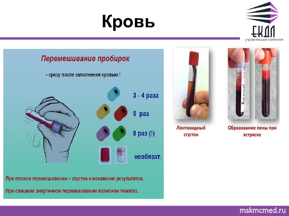 Напишите цветовую идентификацию пробирок и количество раз перемешивания образца крови