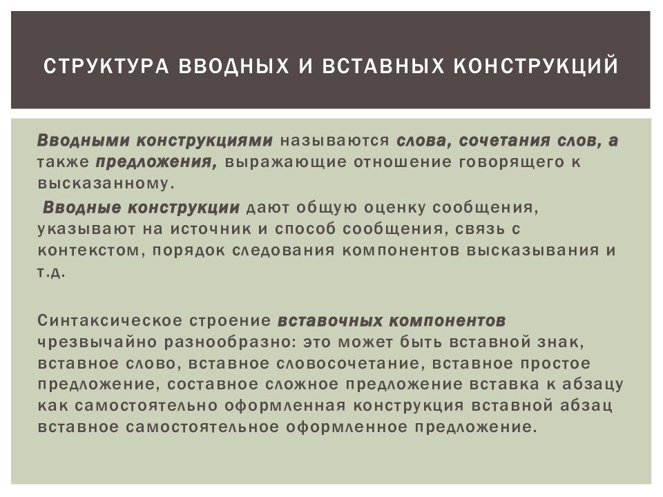 Проект функции вводных и вставных конструкций в современном русском языке презентация