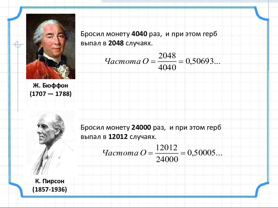 Брошу брошу монету. Опыт Бюффона с бросанием монеты. Бюффон Пирсон. Опыты с монетами Бюффон. Результат опыт Бюффона с бросанием монеты.