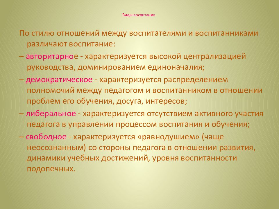 Виды воспитания. Виды воспитания в педагогике. Характеристика видов воспитания. Типы воспитания в педагогике. Типы воспитательных отношений.