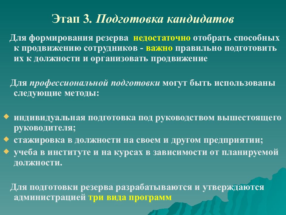 Кандидат формирование. Этапы формирования и подготовки кадрового резерва. Подготовка кандидатуры. Подготовка кандидатов к переходу на новую должность. Виды временного резерва для презентации.