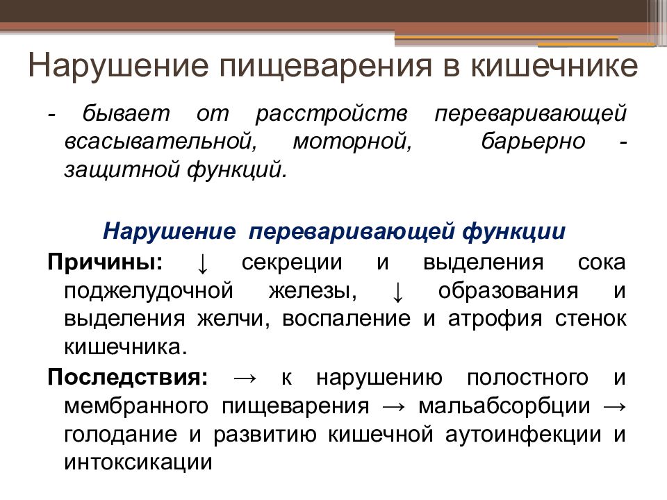 Если желчи выделяется мало то нарушается переваривание. Нарушение пищеварения в кишечнике. Нарушение барьерной функции кишечника. Нарушение всасывательной функции кишечника. Нарушение полостного и мембранного пищеварения в кишечнике.