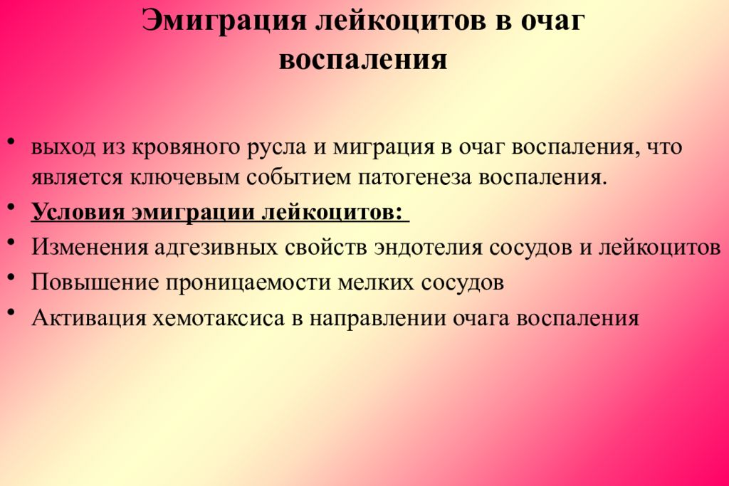 Условия воспаления. Эмиграция лейкоцитов патофизиология. Миграция лейкоцитов в очаг воспаления. Эмиграции лейкоцитов в очаг воспаления способствуют:. Закон эмиграции лейкоцитов Мечникова.