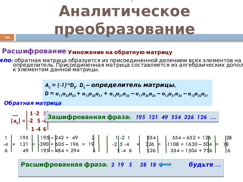 Весовая матрица. Шифрование методом аналитических преобразований. Обратная матрица методом присоединенной матрицы. Аналитическое преобразование. Обратная весовая матрица.