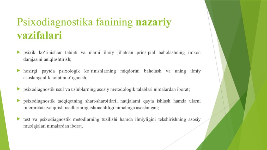 PSIXODIAGNOSTIKA VA EKSPERIMENTAL PSIXOLOGIYA FANIGA KIRISH Psixodiagnostika fanining nazariy vazifalari