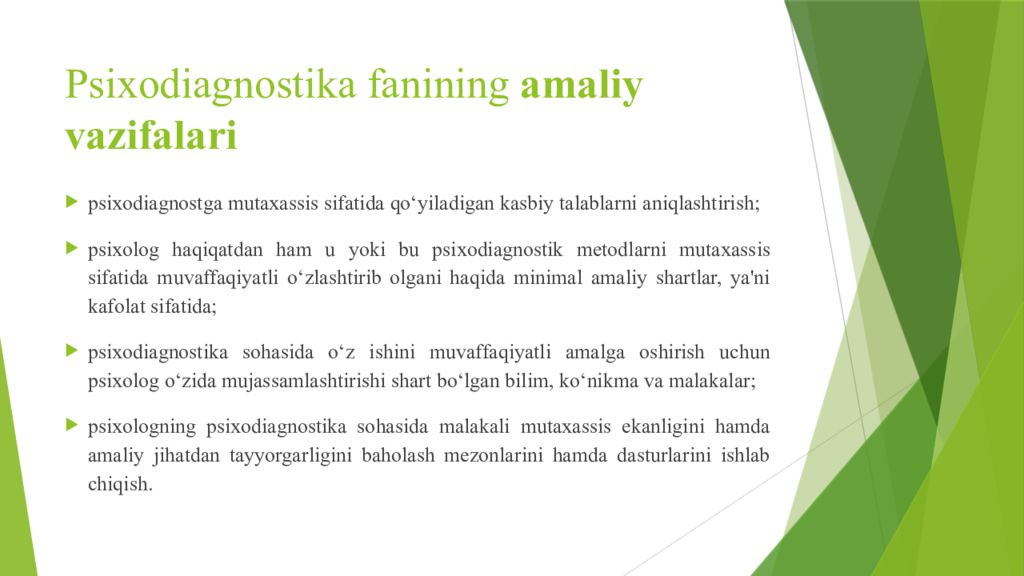 PSIXODIAGNOSTIKA VA EKSPERIMENTAL PSIXOLOGIYA FANIGA KIRISH Psixodiagnostika fanining amaliy vazifalari