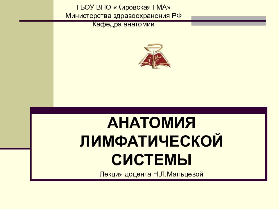 АНАТОМИЯ ЛИМФАТИЧЕСКОЙ СИСТЕМЫ Лекция доцента Н.Л.Мальцевой ГБОУ ВПО «Кировская