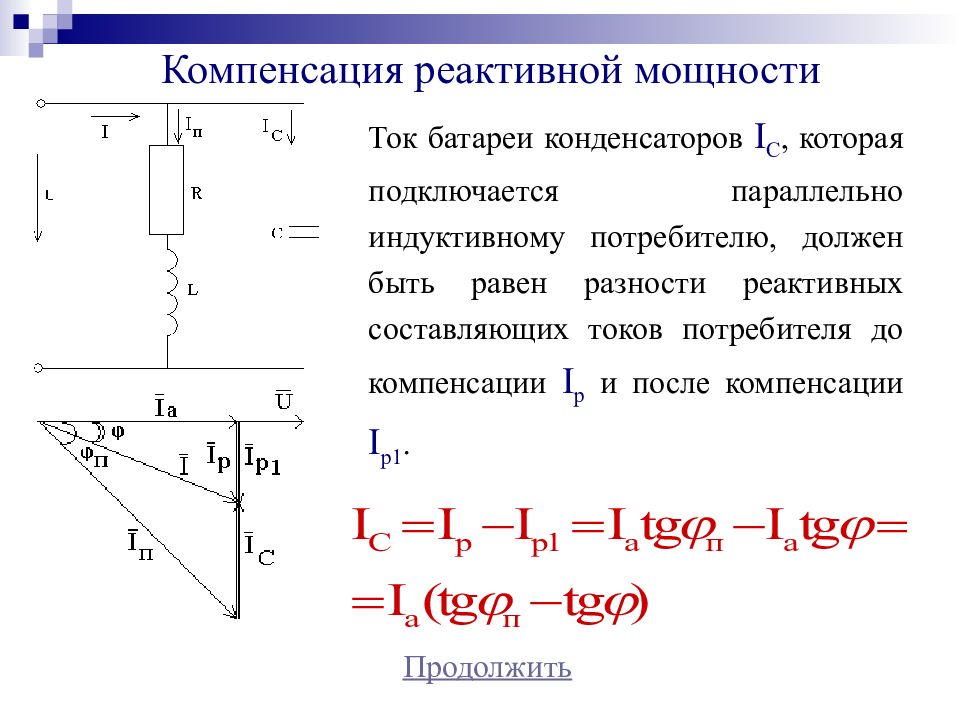 Векторная диаграмма синусоидального тока. Компенсация реактивной мощности с помощью конденсаторов. Компенсация реактивной мощности в электрических цепях. Векторная диаграмма компенсации реактивной мощности. После компенсации реактивной мощности.