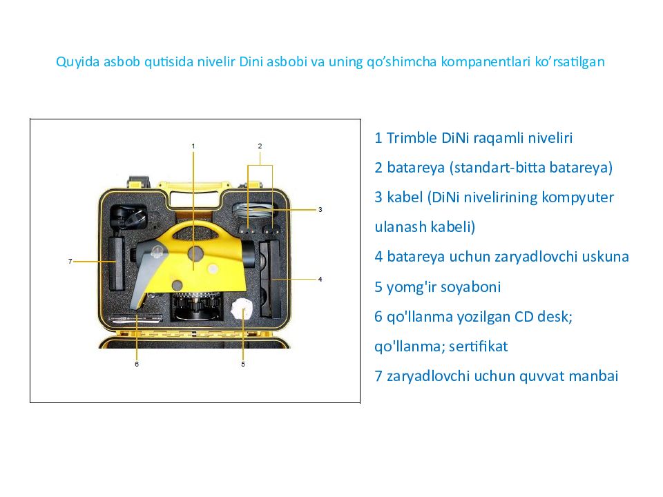 Mavzu:DiNi raqamli niveliri Quyida asbob qutisida nivelir Dini asbobi va uning qo’shimcha kompanentlari ko’rsatilgan