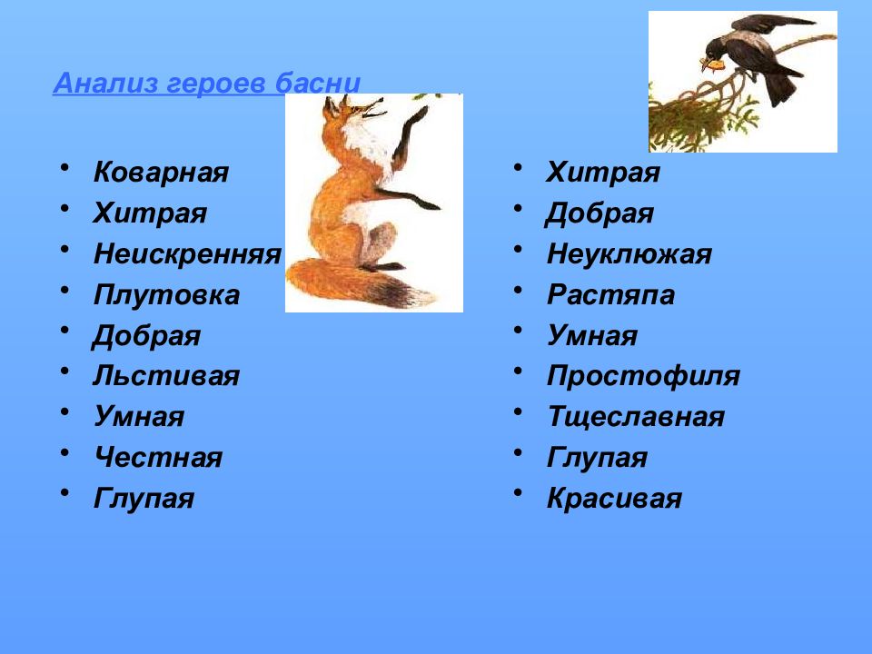 Плутовка значение слова. Характеристика героев басни ворона и лисица. Характеристика вороны и лисицы.