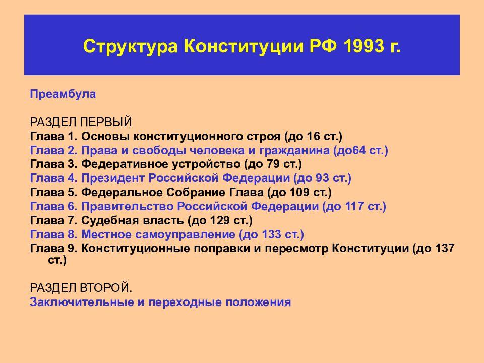 Конституция 1993 разделы. Структура Конституции РФ 1993 Г..