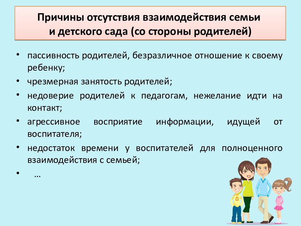 Диагностика взаимодействие с родителями. Трудности взаимодействия с семьей. Проблемы взаимодействия с родителями. Проблемы взаимодействия ДОУ И семьи. Причины отсутствия взаимодействия ДОУ С семьей.