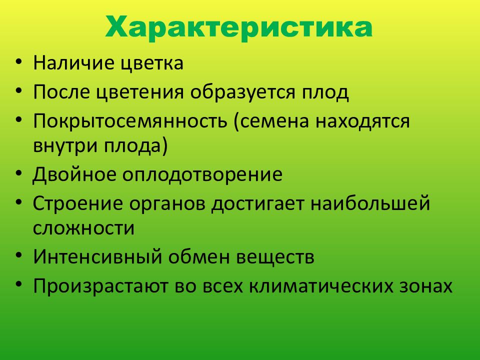 Наличие характеристик. Покрытосемянность.